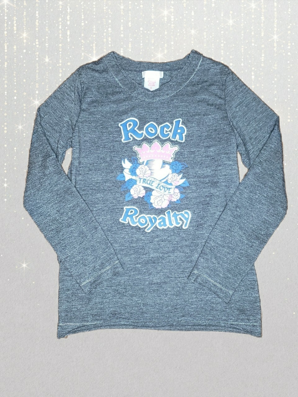 Xhilaration Vintage Gray Long Sleeve Tee w/  Blue & Pink  Floral Graphic Y2k Vtg